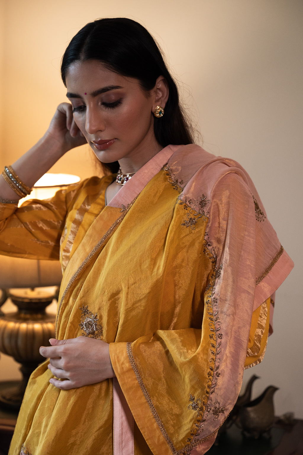 Chinaar Diagonal Saree in Pink & Yellow Tissue