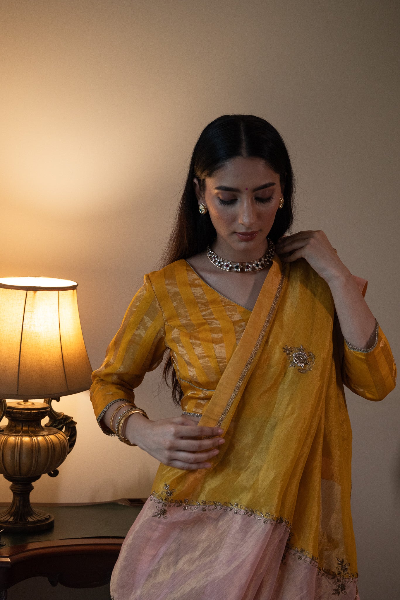 Chinaar Diagonal Saree in Pink & Yellow Tissue