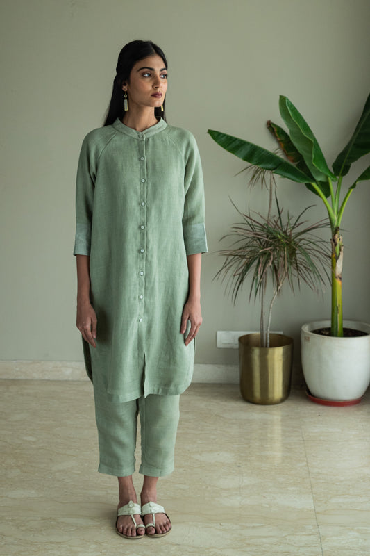 Mandarin Shirt Kurta In Green Linen With Pants