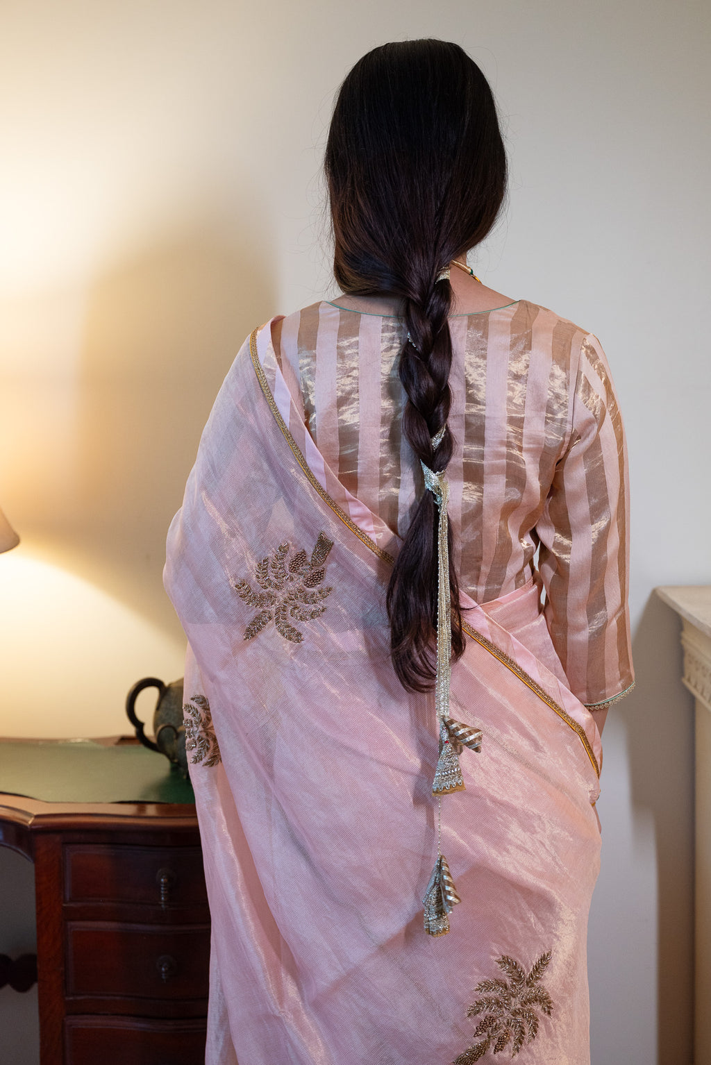 Nusrat Blouse in Ash Pink Handloom Zari stripe