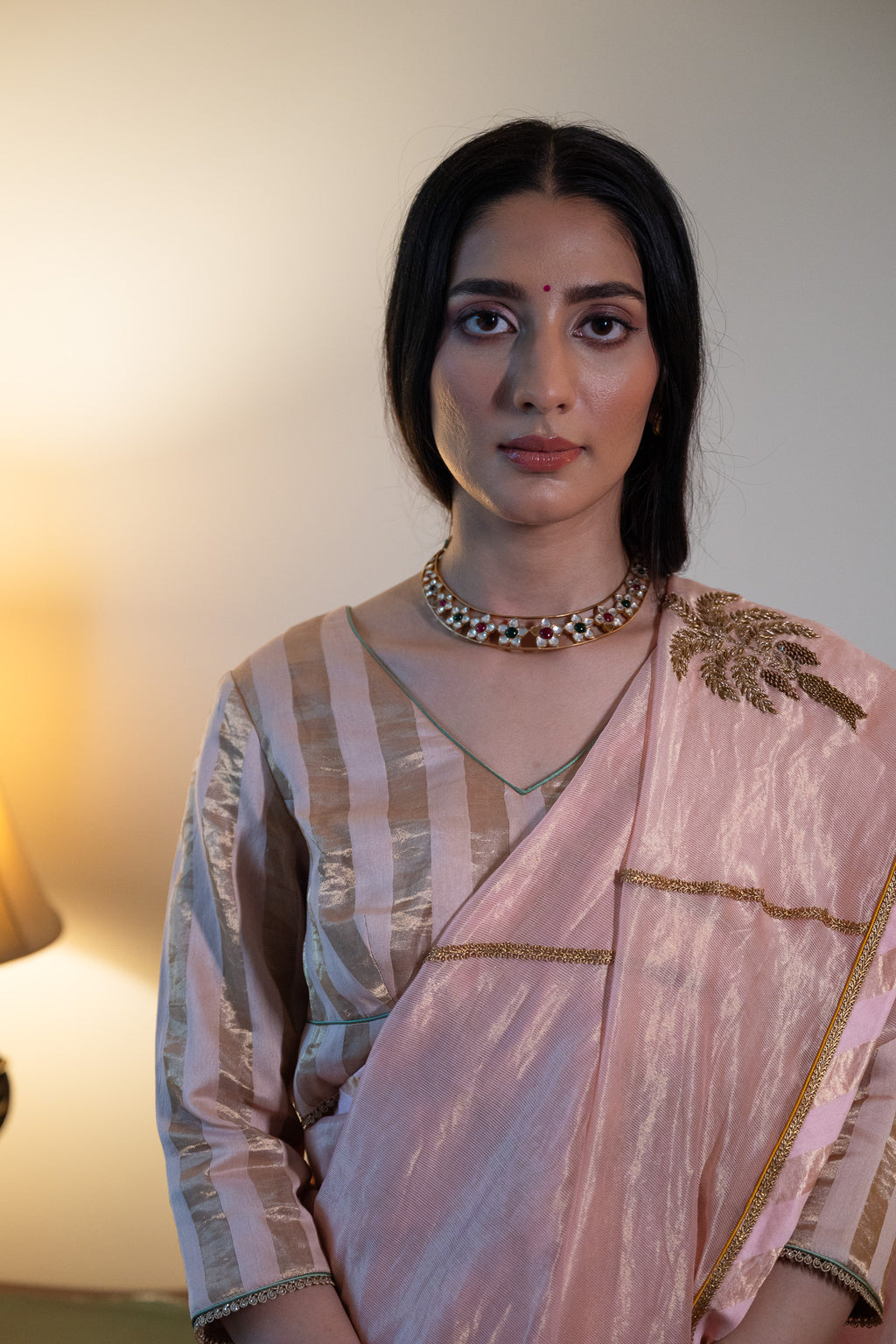 Nusrat Blouse in Ash Pink Handloom Zari stripe