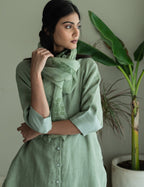 Mandarin Shirt Kurta In Green Linen With Pants