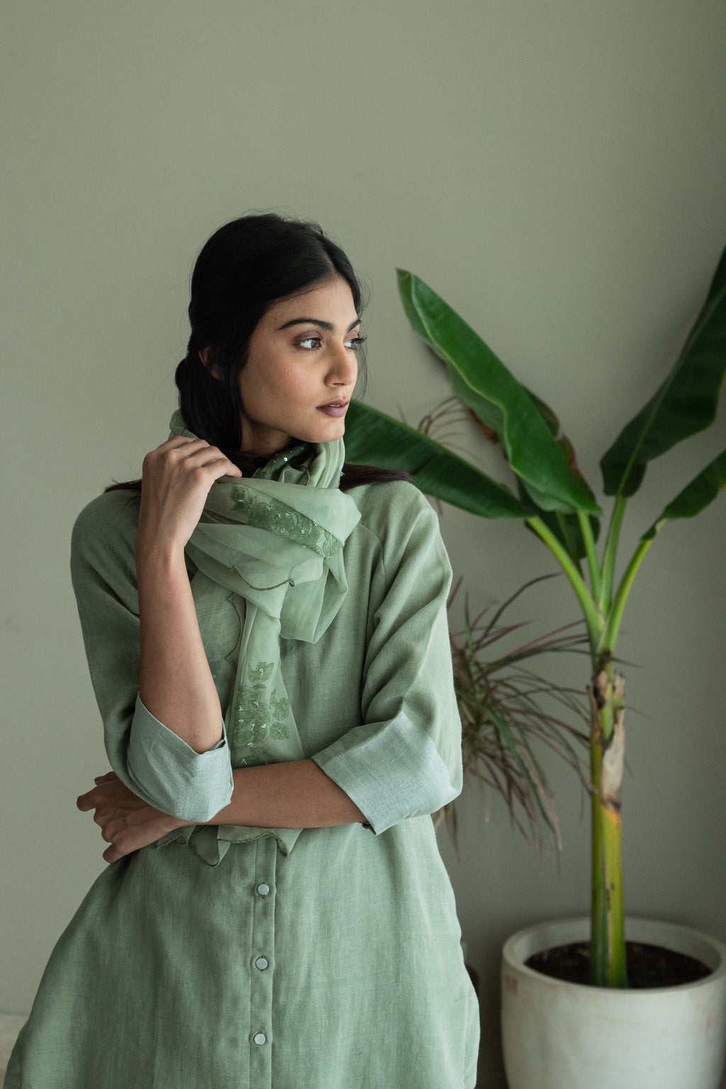 Stole In Green Handblock Printed Organza