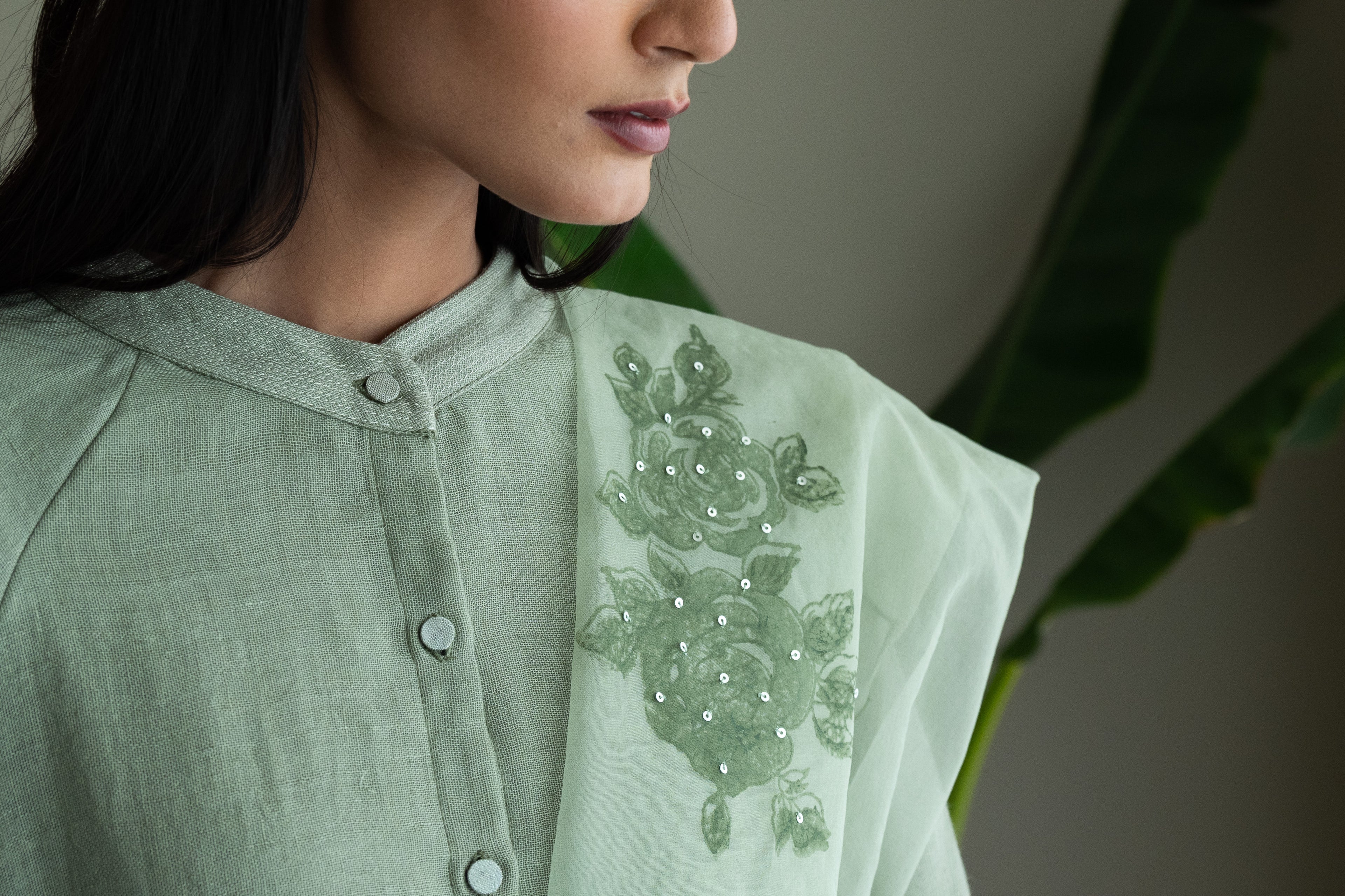 Stole In Green Handblock Printed Organza