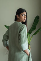 Mandarin Shirt Kurta In Green Linen With Pants