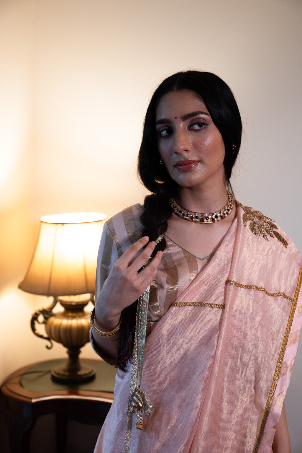 Golshan Saree in Ash Pink Pin Stripes