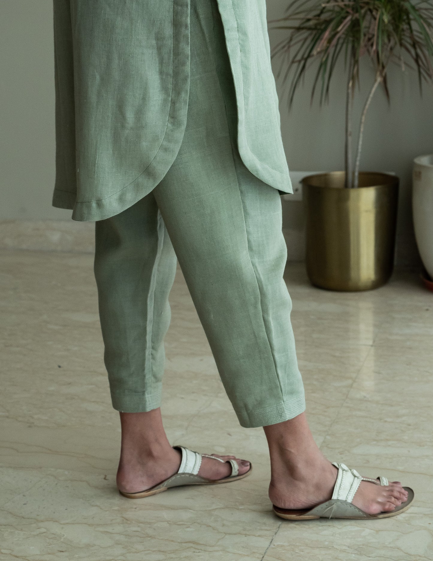 Mandarin Shirt Kurta In Green Linen With Pants