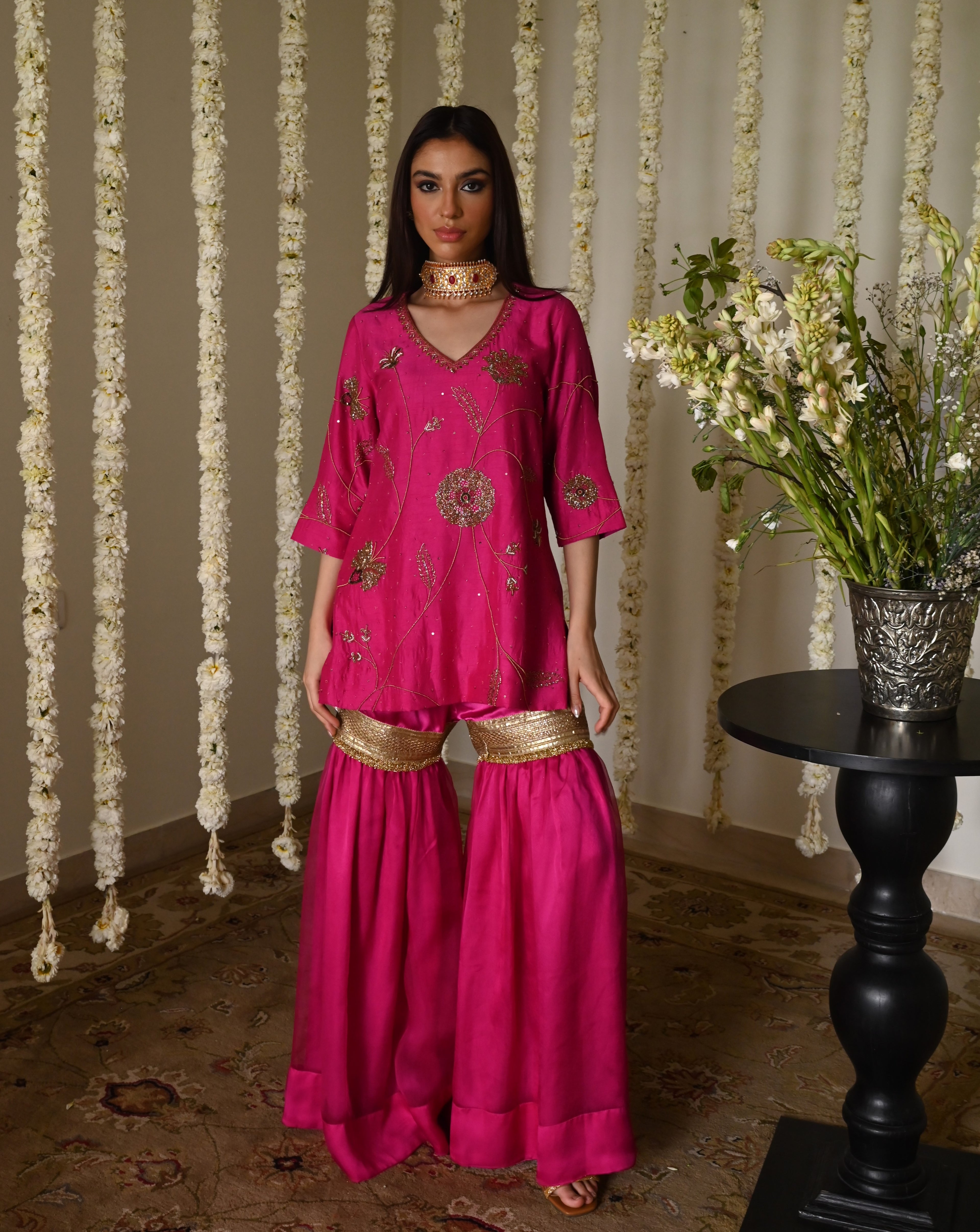 Jahan Ara kurta in Hot Pink with Sharara