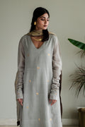 Churi Maxi In Taupe Jamdani Muslin With Pants