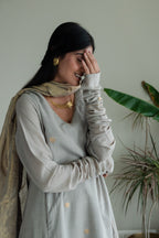 Churi Maxi In Taupe Jamdani Muslin With Pants