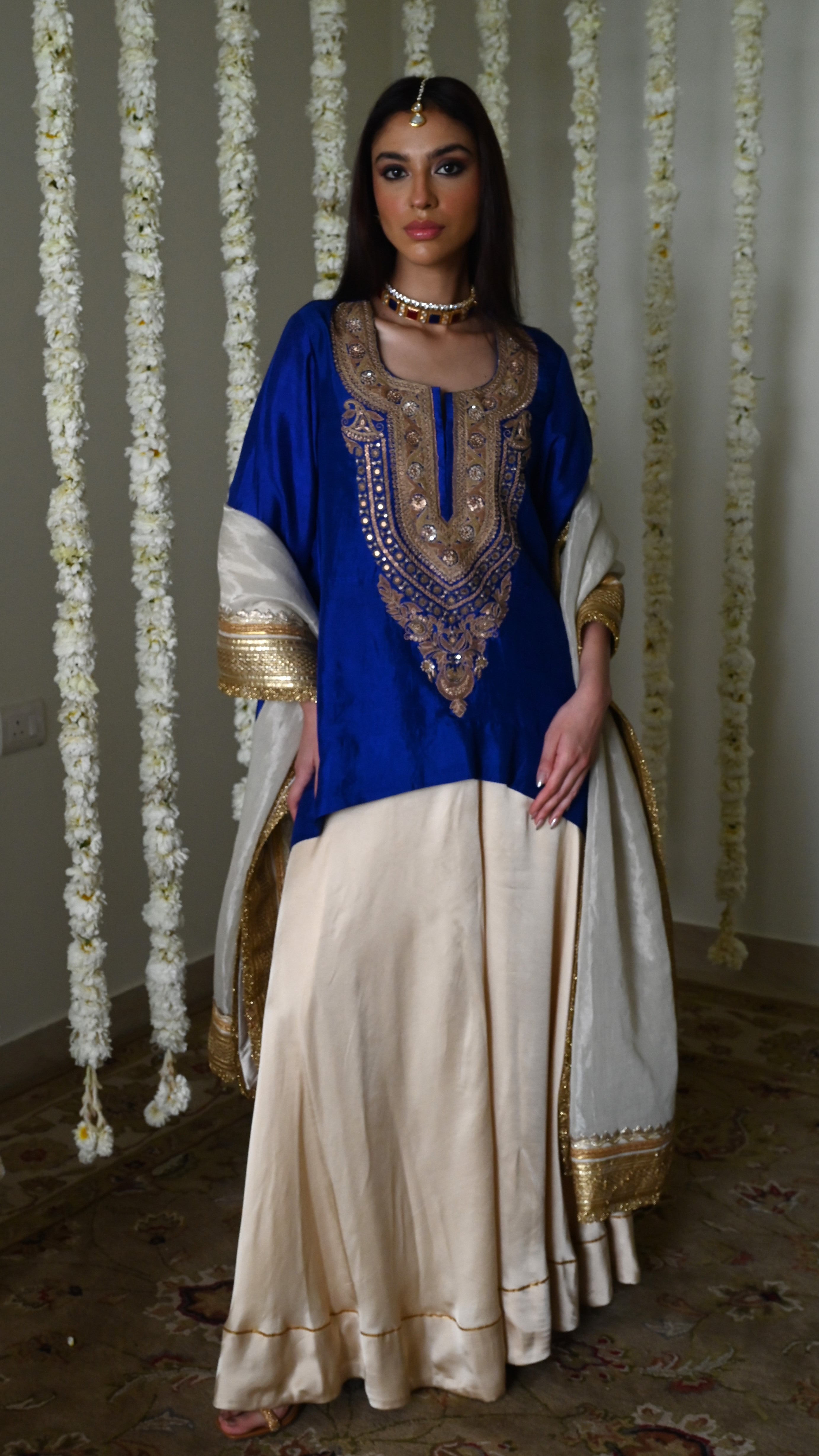 Begum kurta in Royal Blue Silk with Deep Ivory Garara