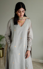 Churi Maxi In Taupe Jamdani Muslin With Pants