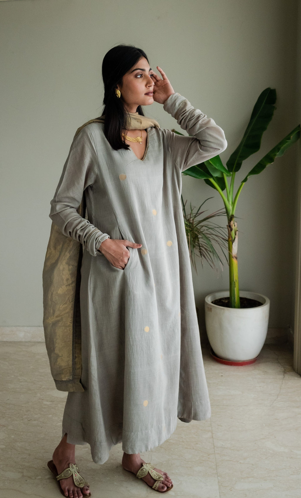 Churi Maxi In Taupe Jamdani Muslin With Pants
