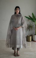 Mithai Maxi Kurta In Taupe Linen With Pants