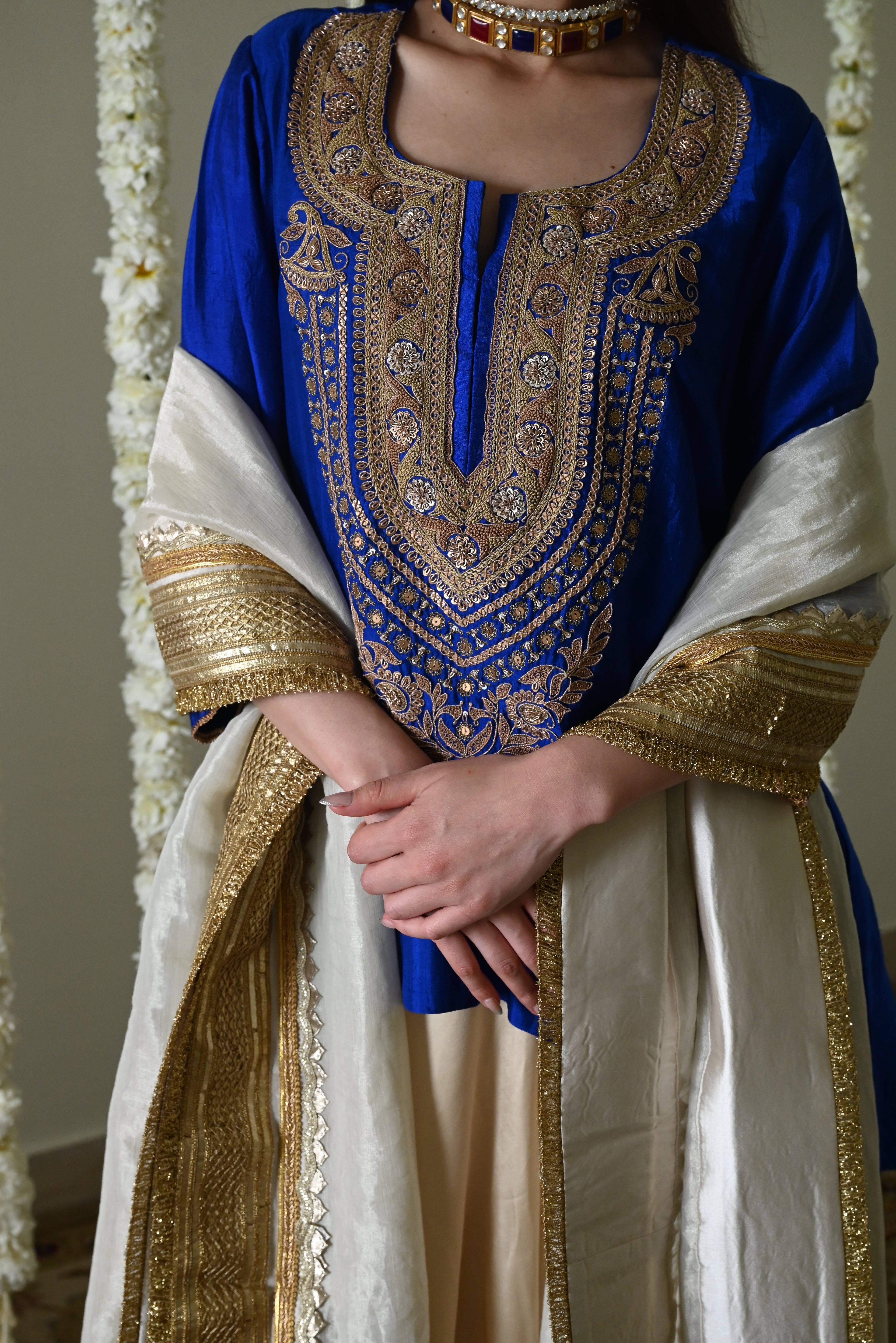 Begum kurta in Royal Blue Silk with Deep Ivory Garara