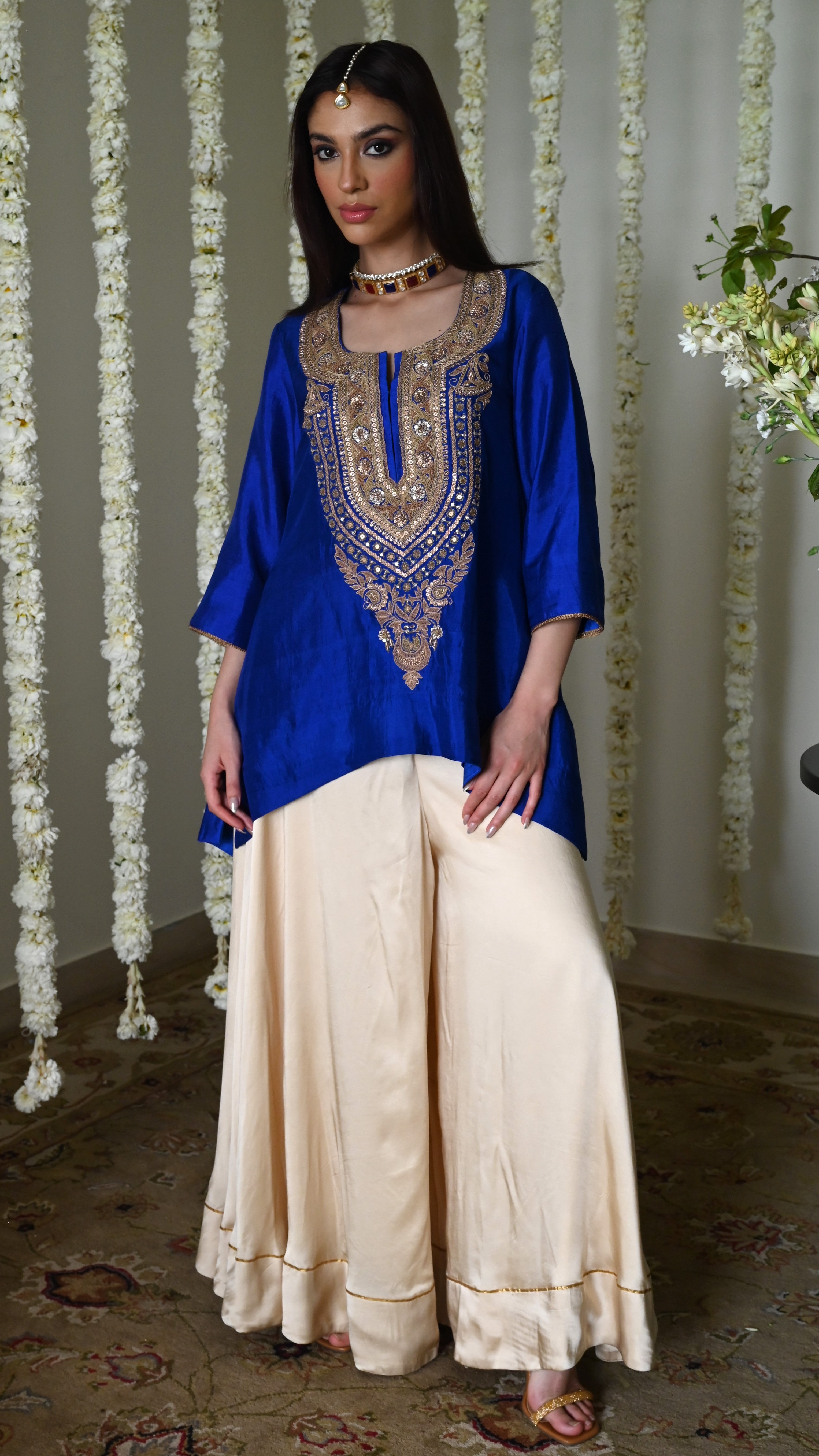 Begum kurta in Royal Blue Silk with Deep Ivory Garara