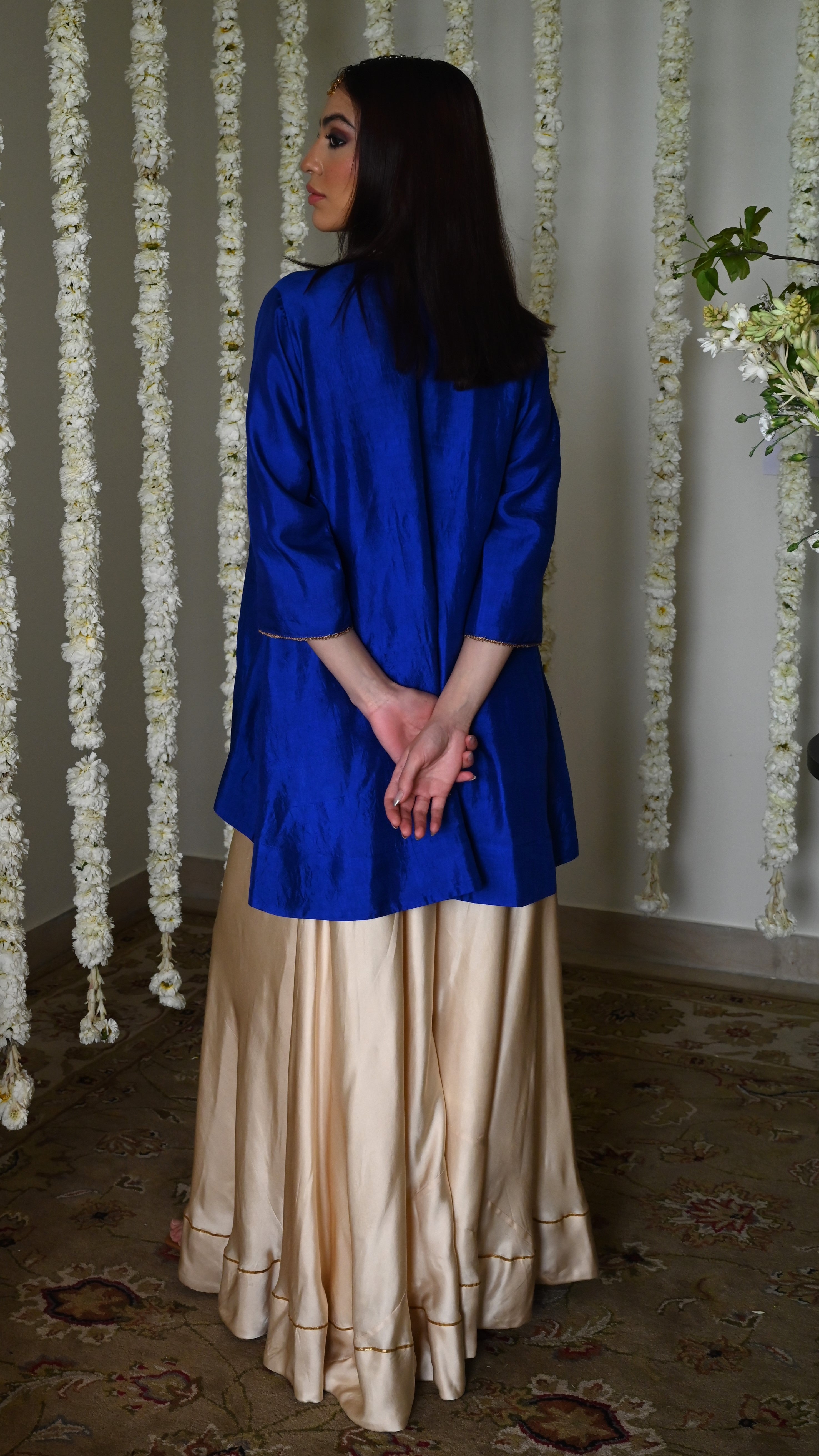 Begum kurta in Royal Blue Silk with Deep Ivory Garara