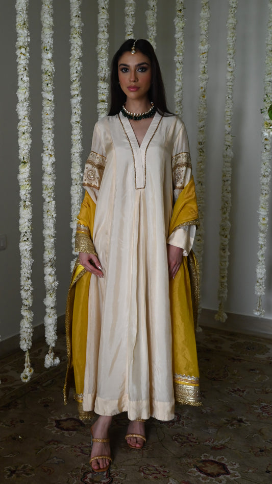 Sushma Anarkali in Deep Ivory Satin Silk
