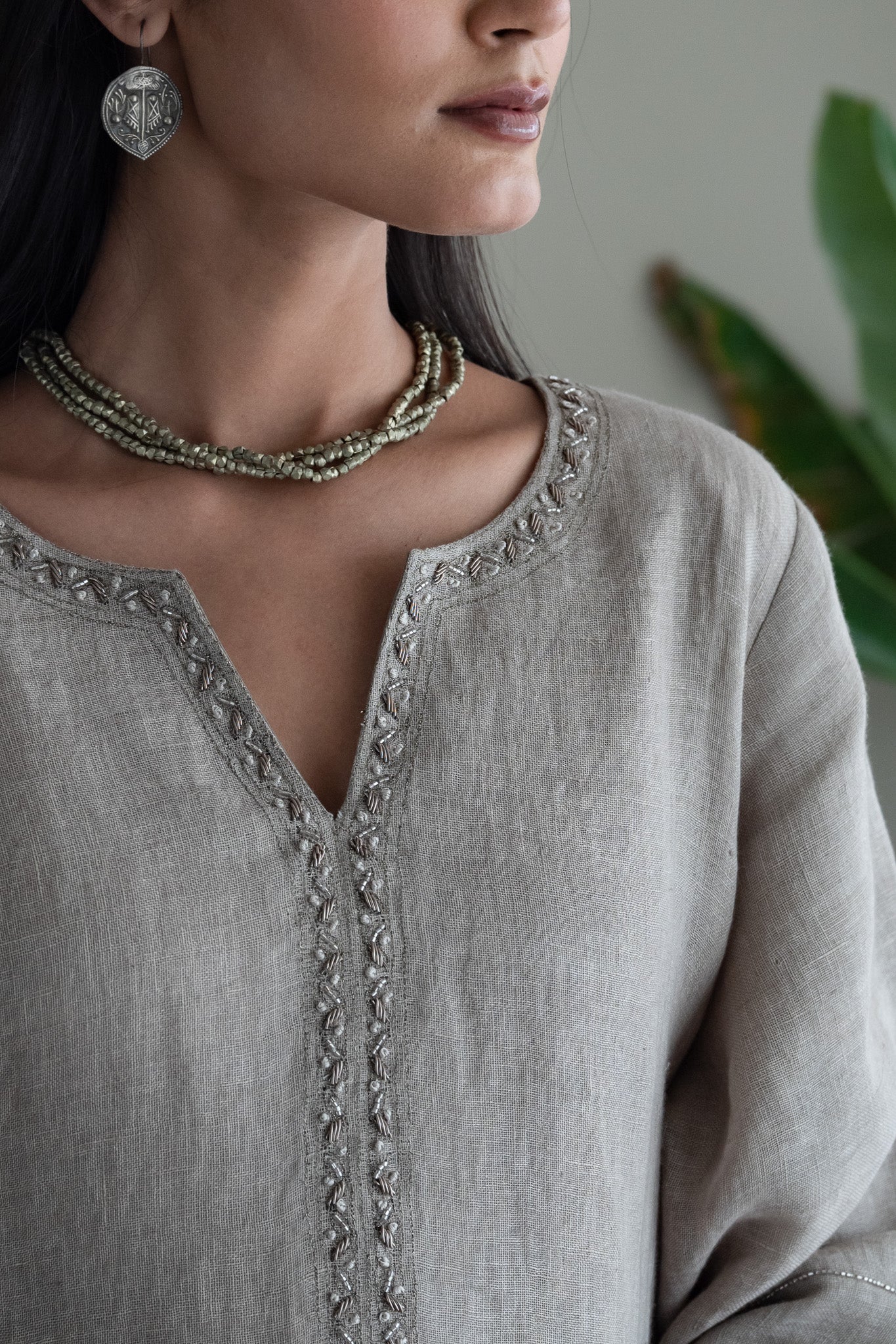 Stole In Taupe Handblock Printed Organza