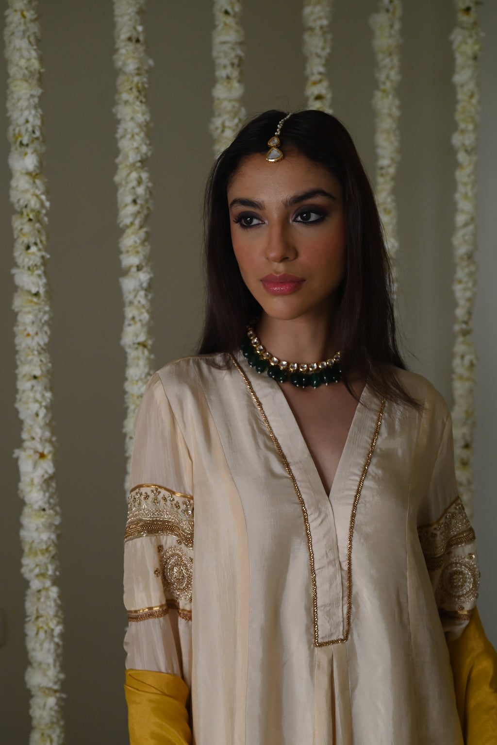 Sushma Anarkali in Deep Ivory Satin Silk