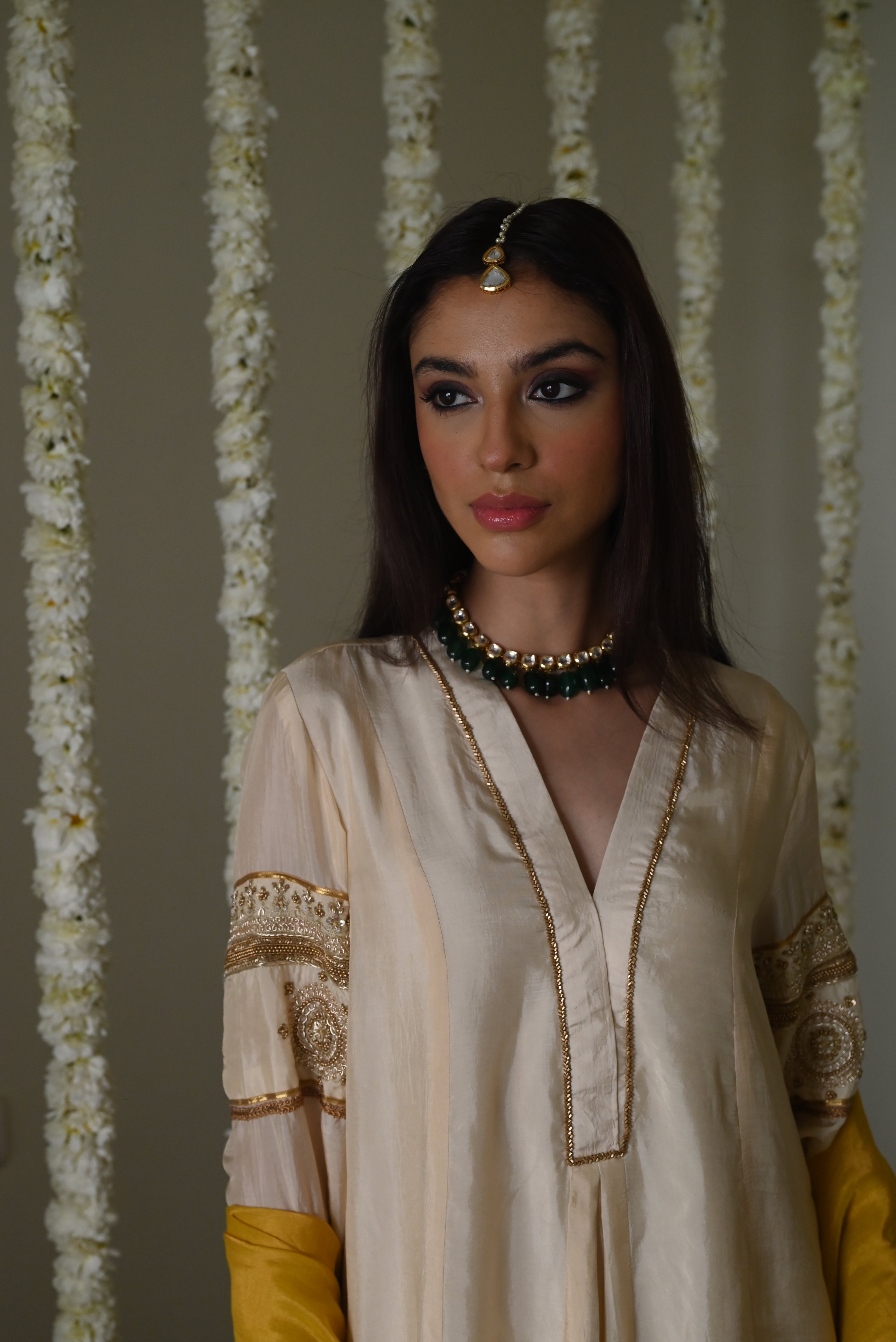 Sushma Anarkali in Deep Ivory Satin Silk