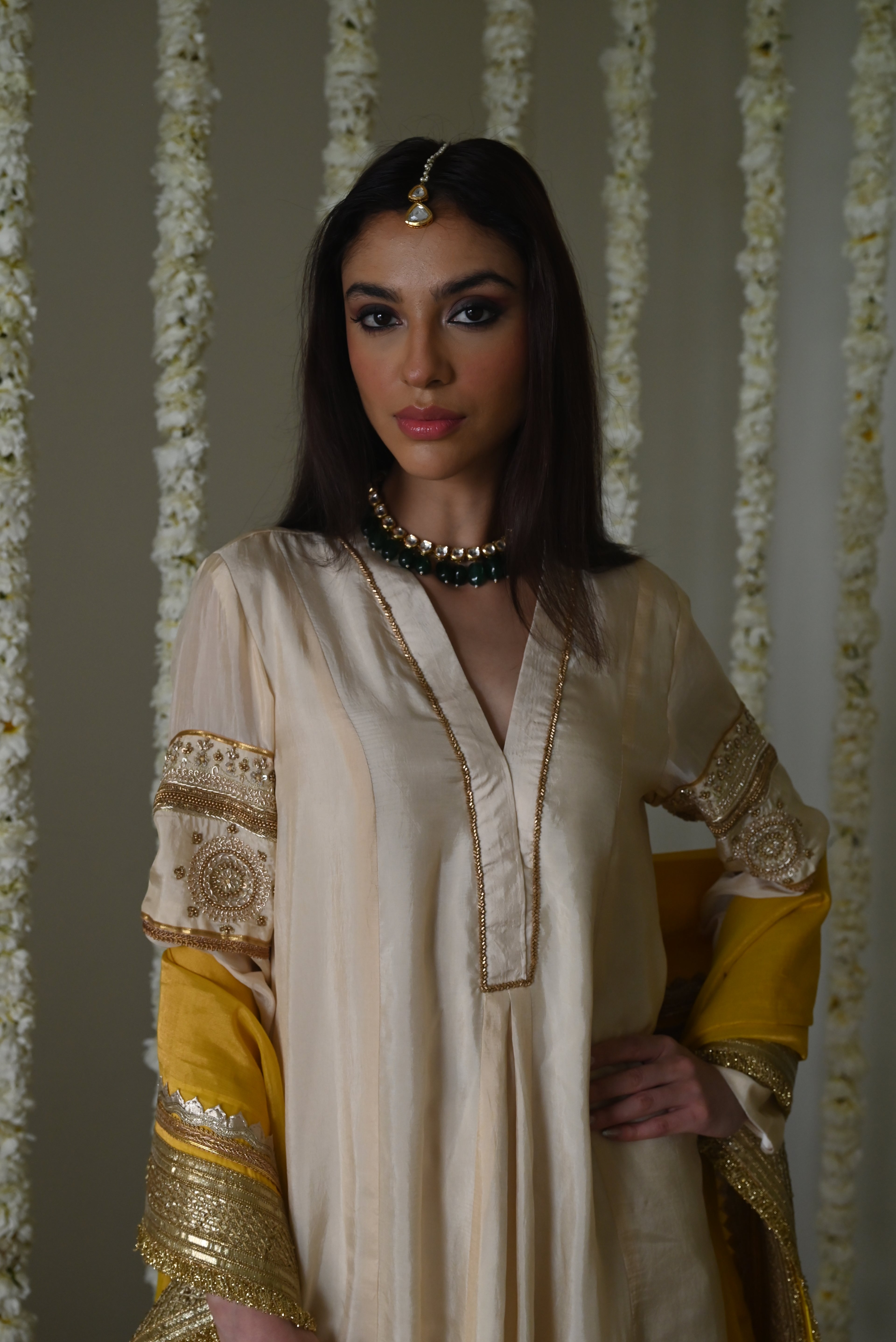 Sushma Anarkali in Deep Ivory Satin Silk