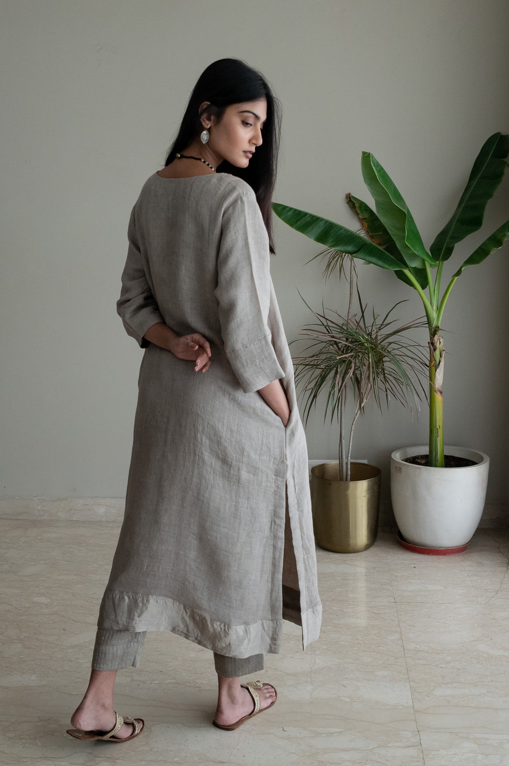 Stole In Taupe Handblock Printed Organza