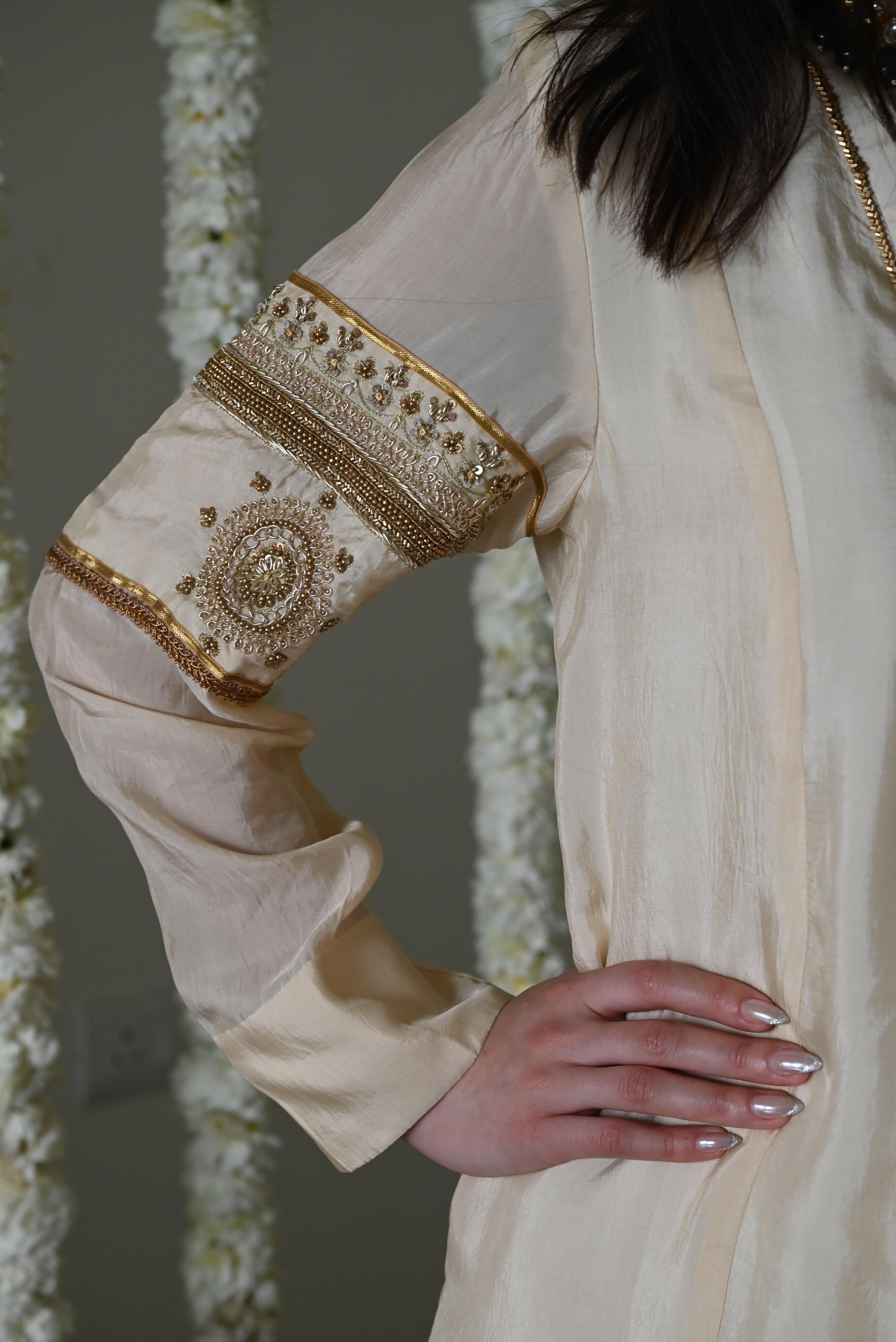 Sushma Anarkali in Deep Ivory Satin Silk