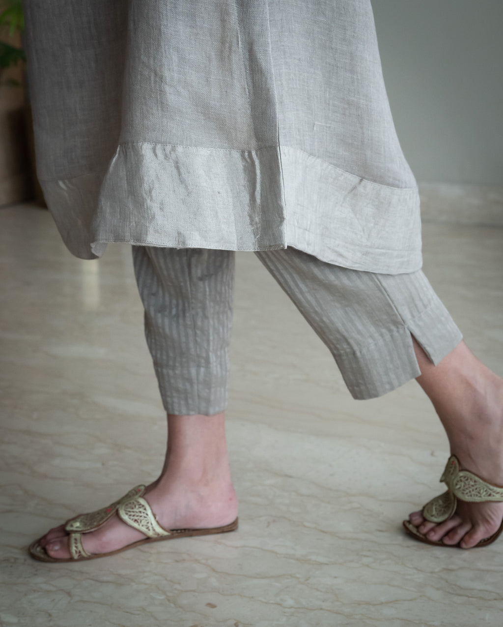 Stole In Taupe Handblock Printed Organza