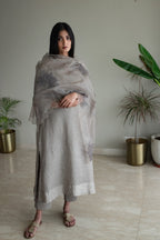 Stole In Taupe Handblock Printed Organza