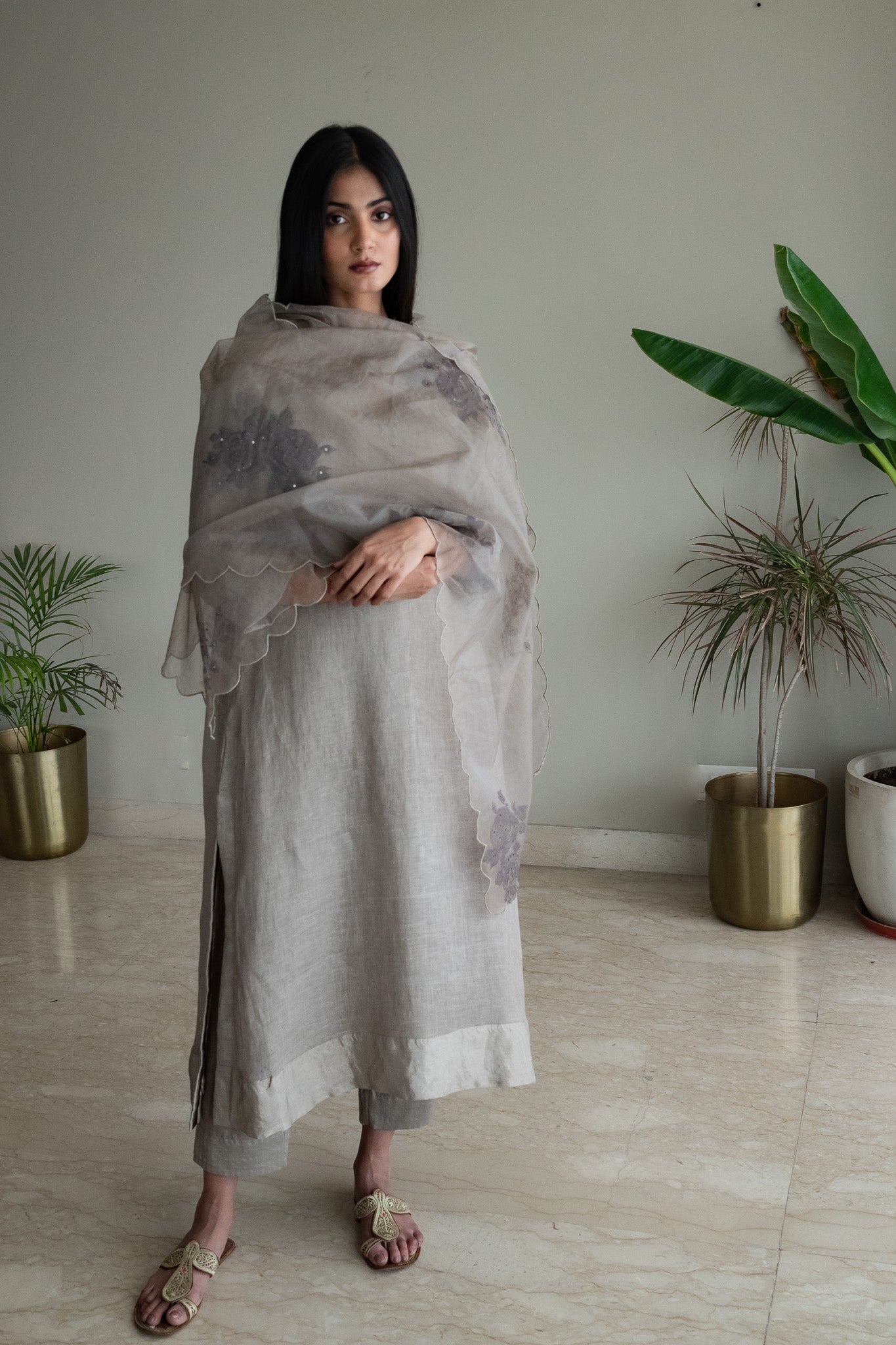 Stole In Taupe Handblock Printed Organza