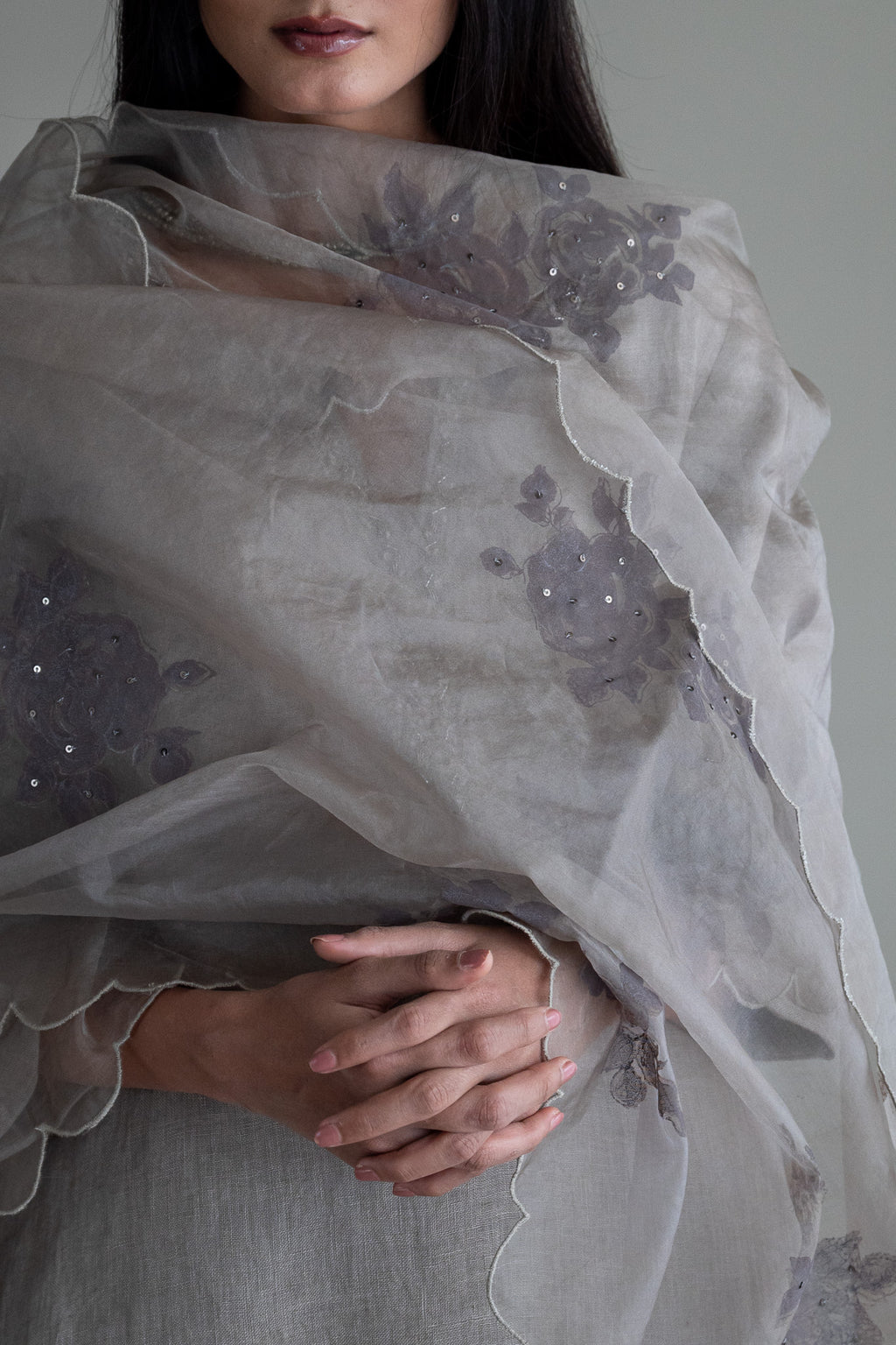 Stole In Taupe Handblock Printed Organza