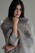 Stole In Taupe Handblock Printed Organza