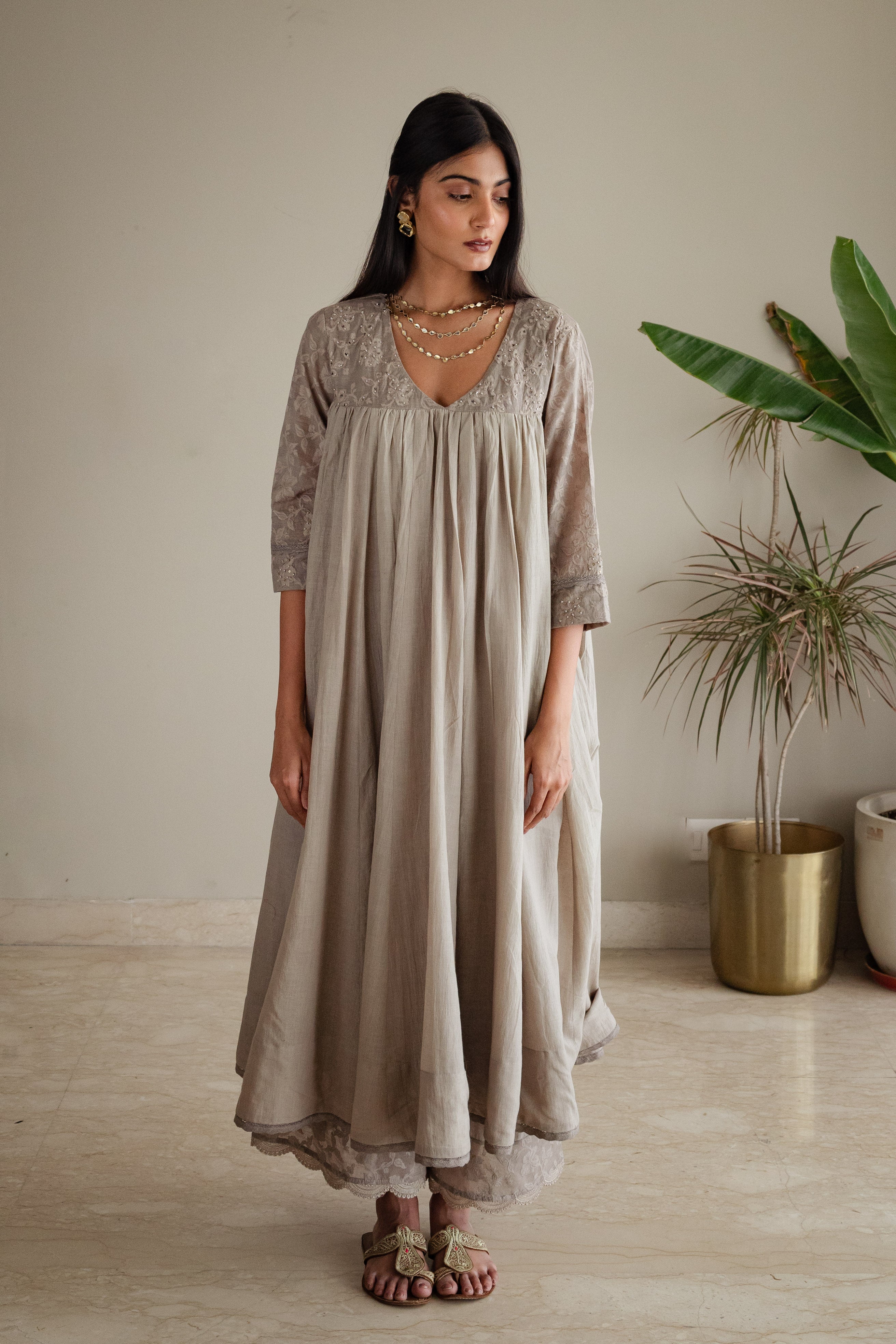 Empireline Kurta In Taupe Jacquard And Muslin With Farshi