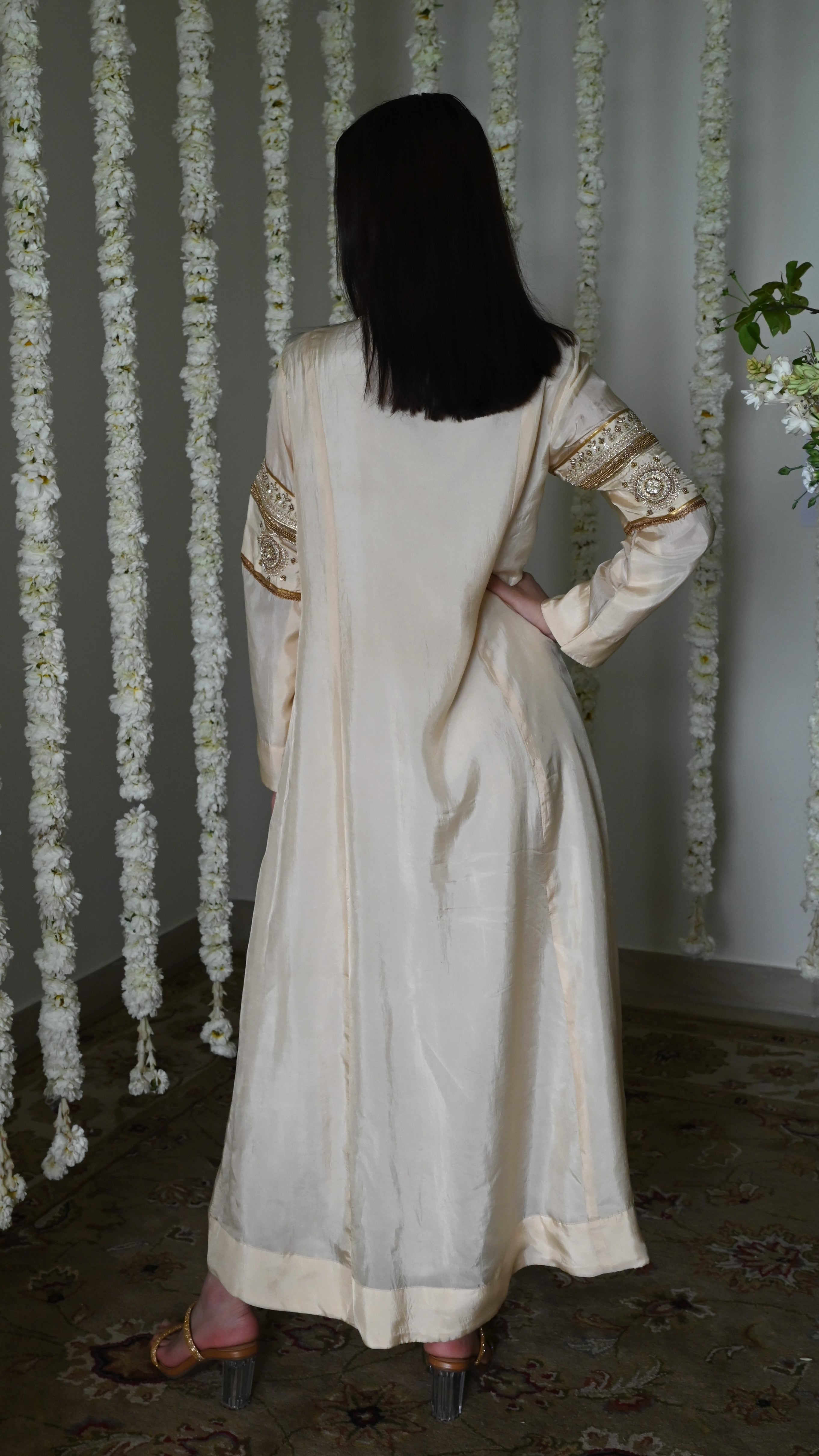 Sushma Anarkali in Deep Ivory Satin Silk