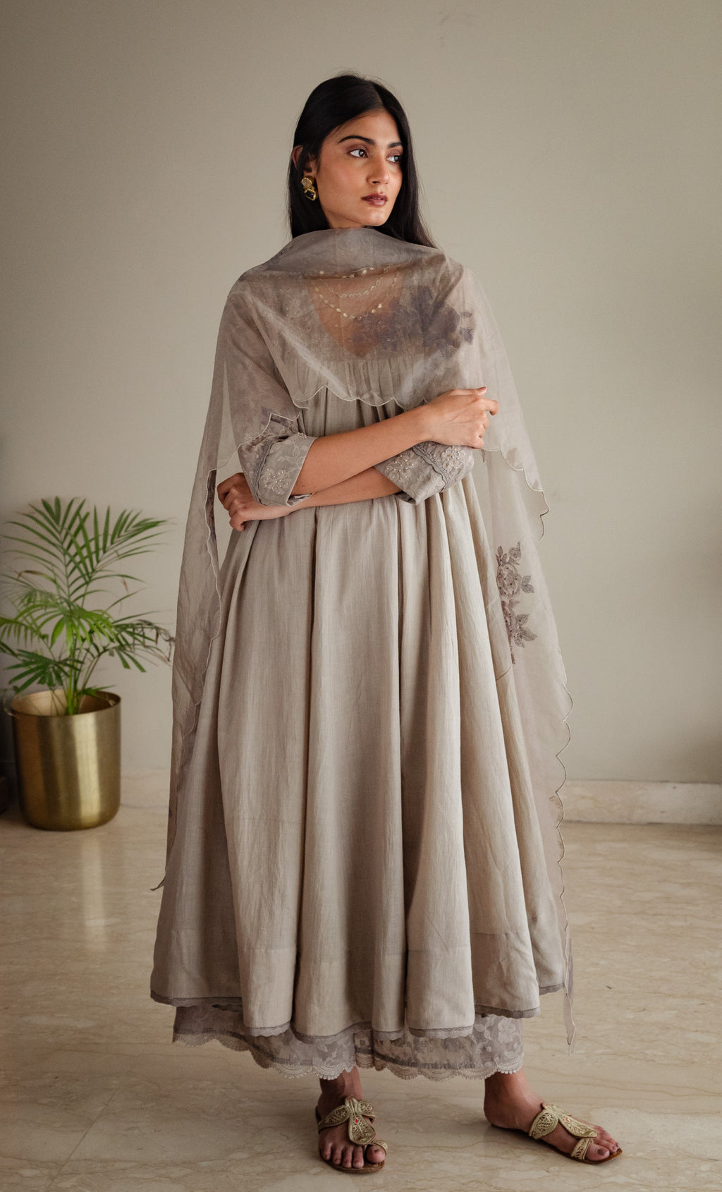 Empireline Kurta In Taupe Jacquard And Muslin With Farshi