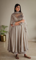 Empireline Kurta In Taupe Jacquard And Muslin With Farshi