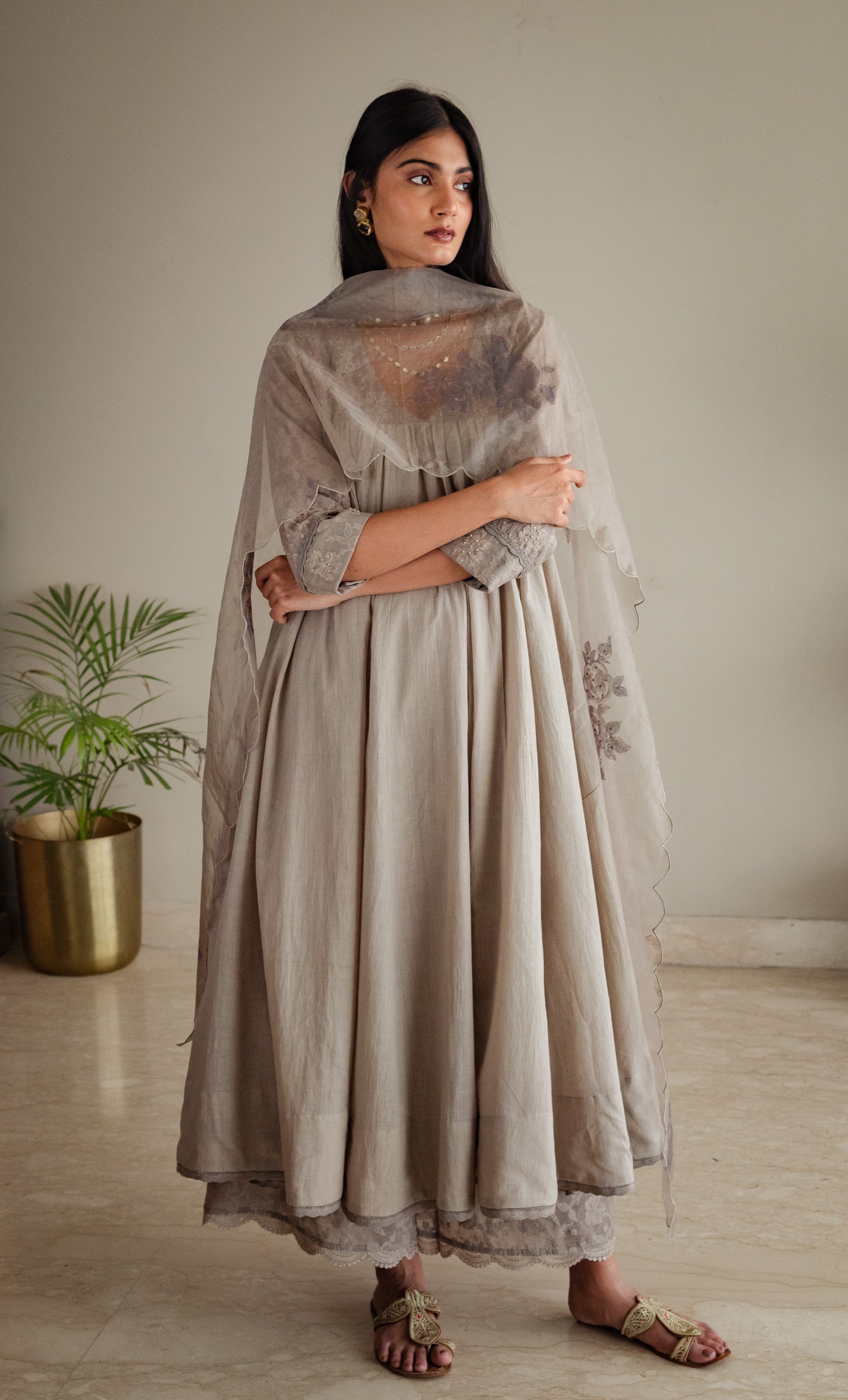 Empireline Kurta In Taupe Jacquard And Muslin With Farshi