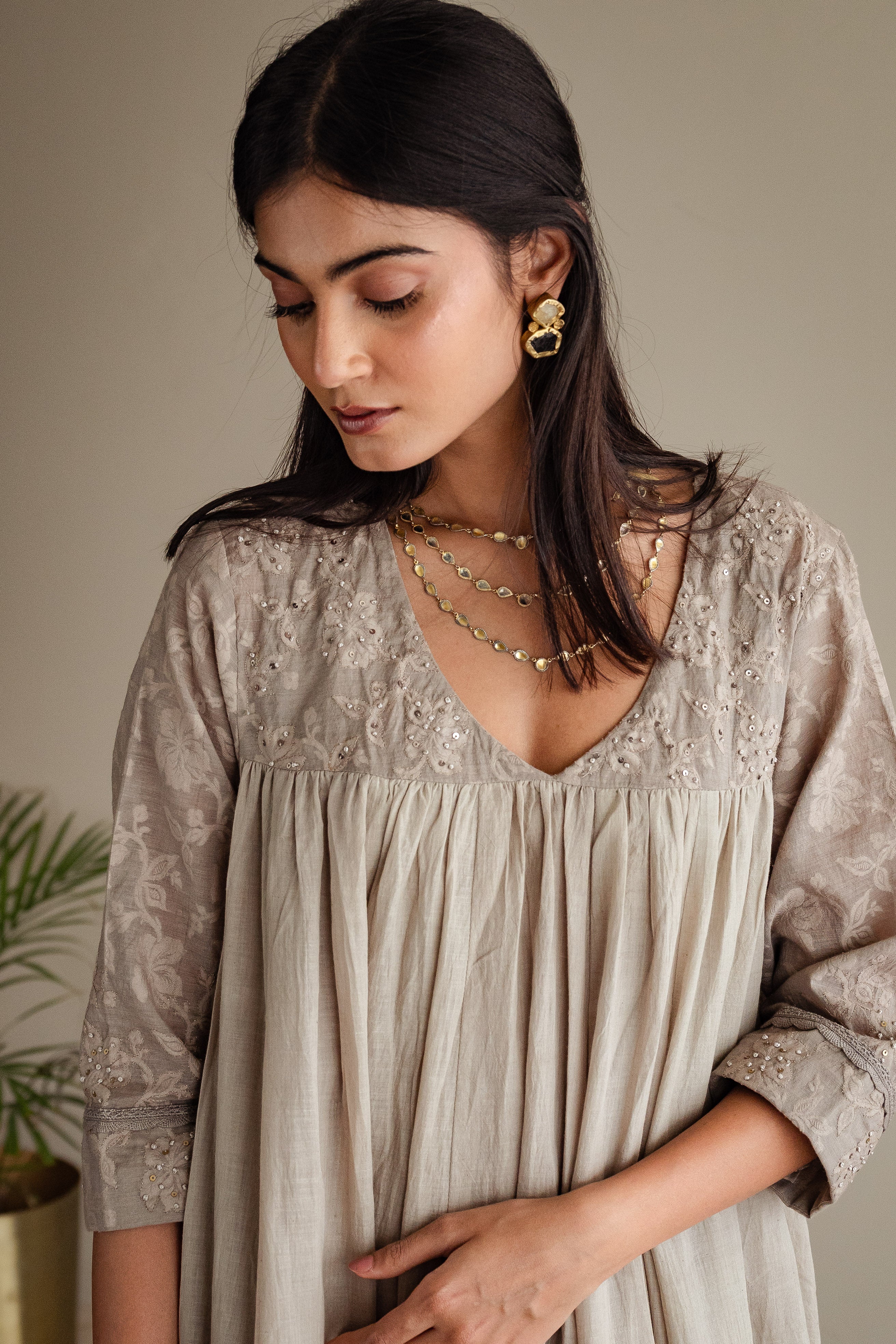 Empireline Kurta In Taupe Jacquard And Muslin With Farshi