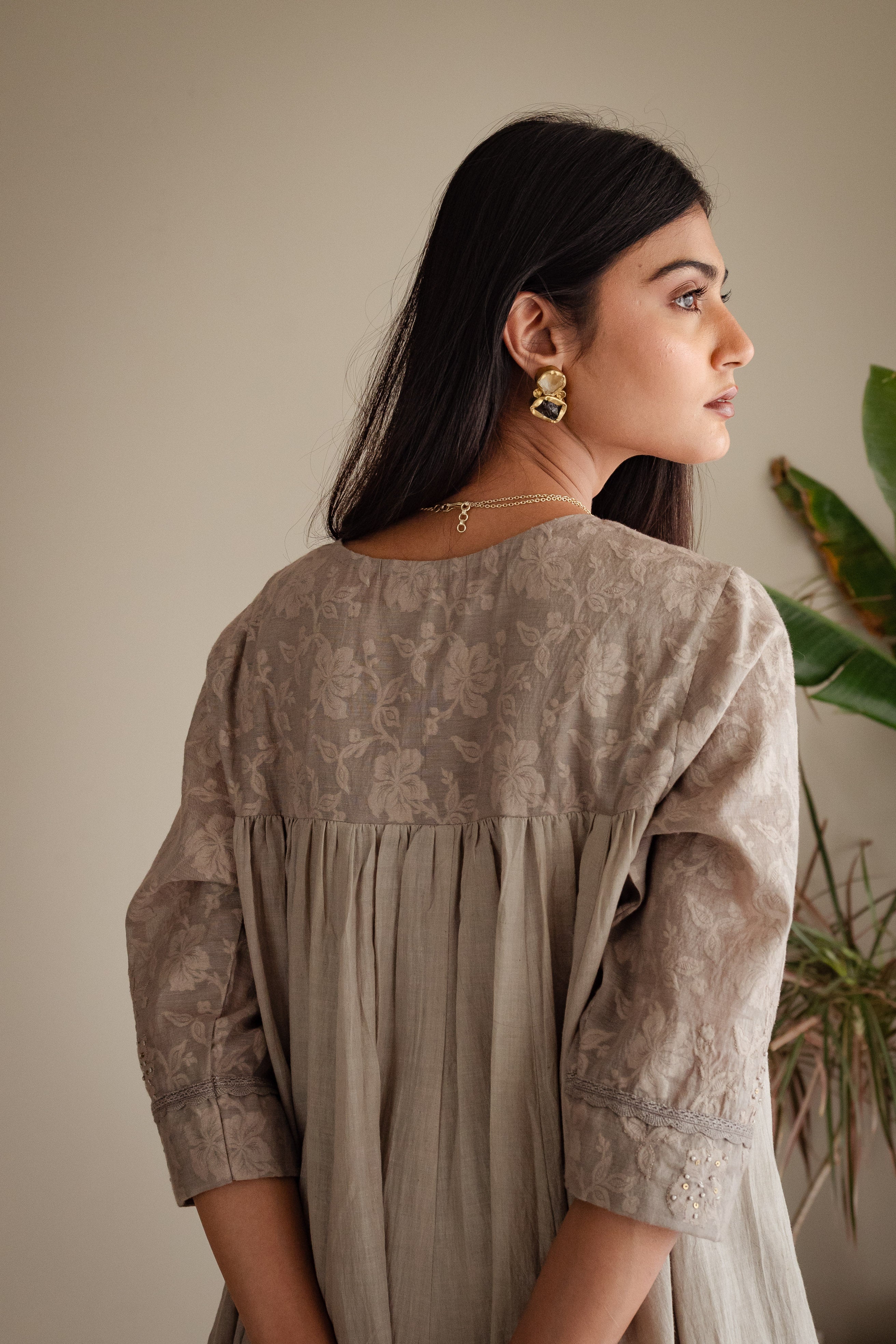 Empireline Kurta In Taupe Jacquard And Muslin With Farshi