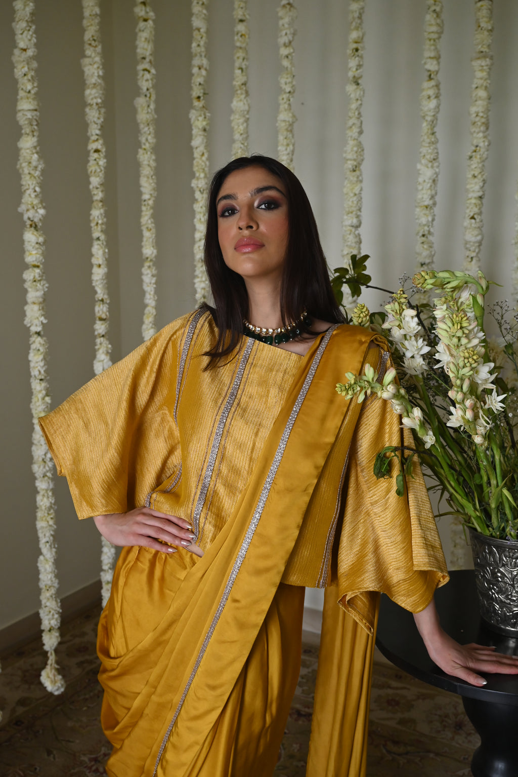 Desi Girl Ready to Wear Saree in Ochre with Batwing Blouse