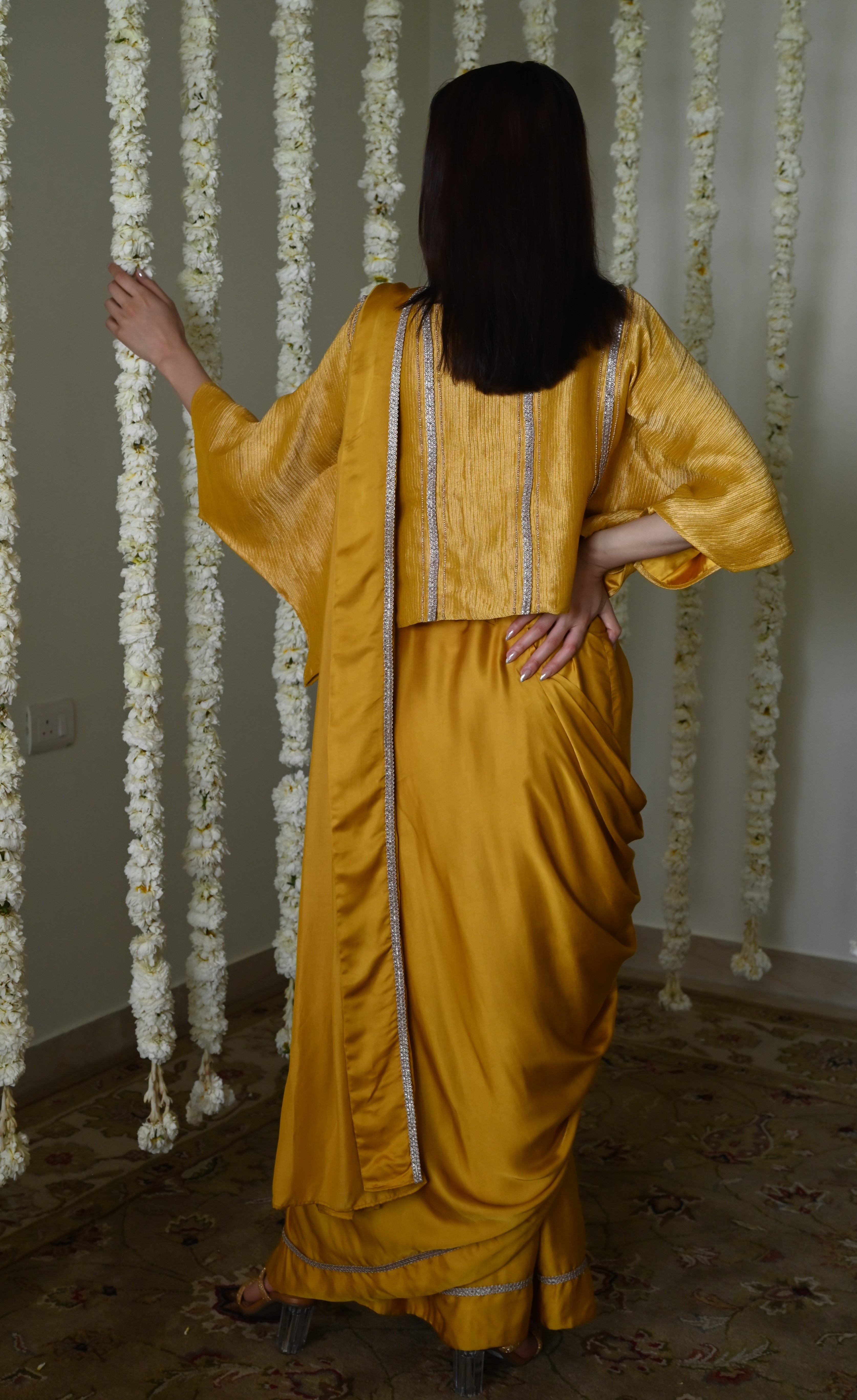 Desi Girl Ready to Wear Saree in Ochre with Batwing Blouse