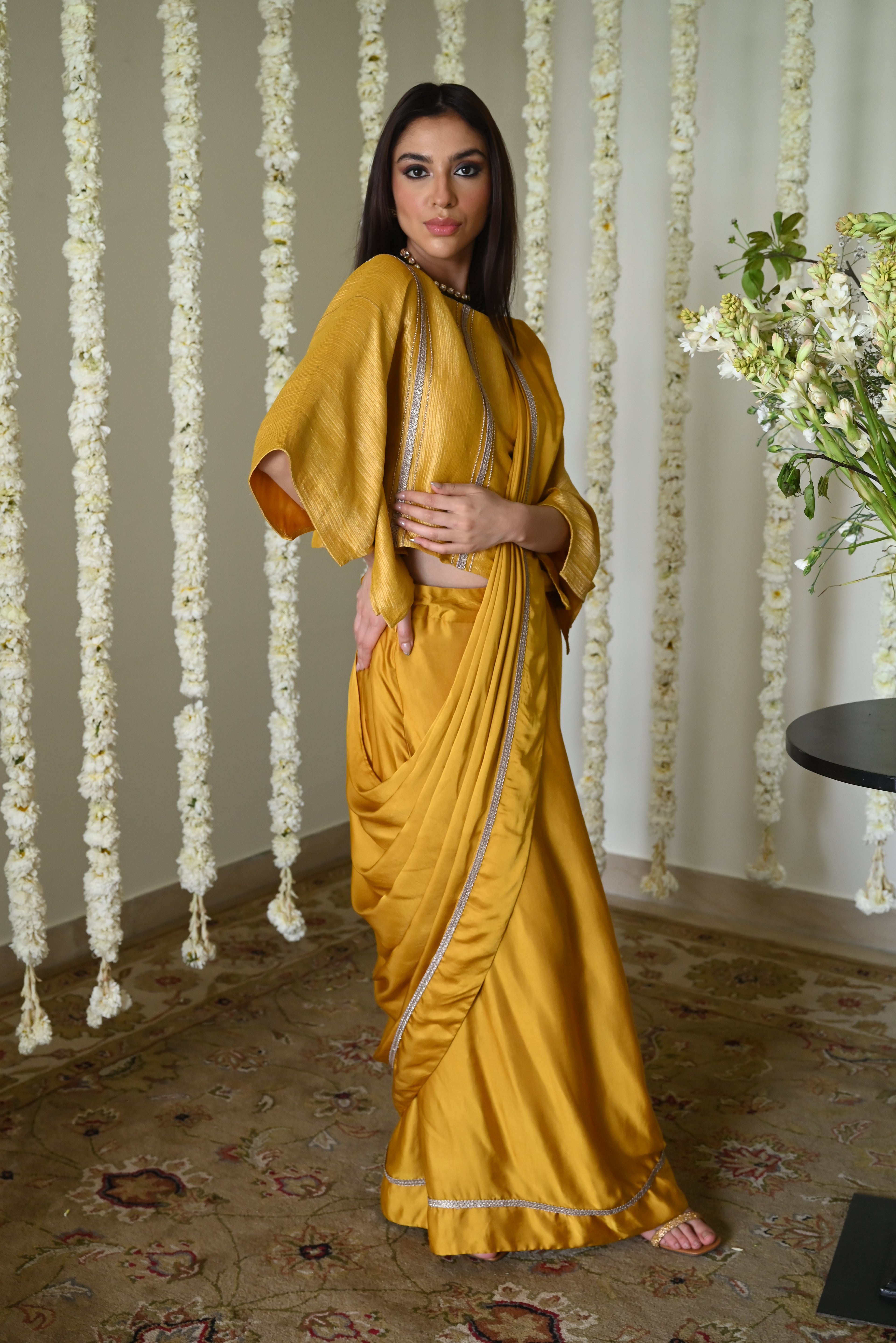 Desi Girl Ready to Wear Saree in Ochre with Batwing Blouse