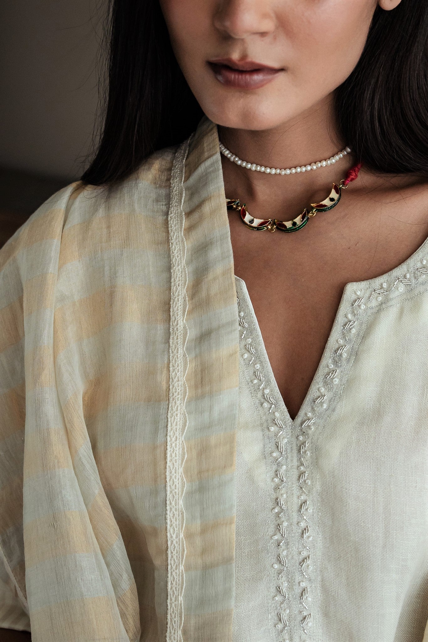 Stole In Ivory Tissue Stripes