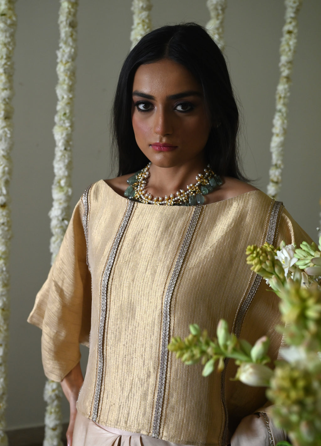 Desi Girl Ready to Wear Saree in Deep Ivory  Batwing Blouse