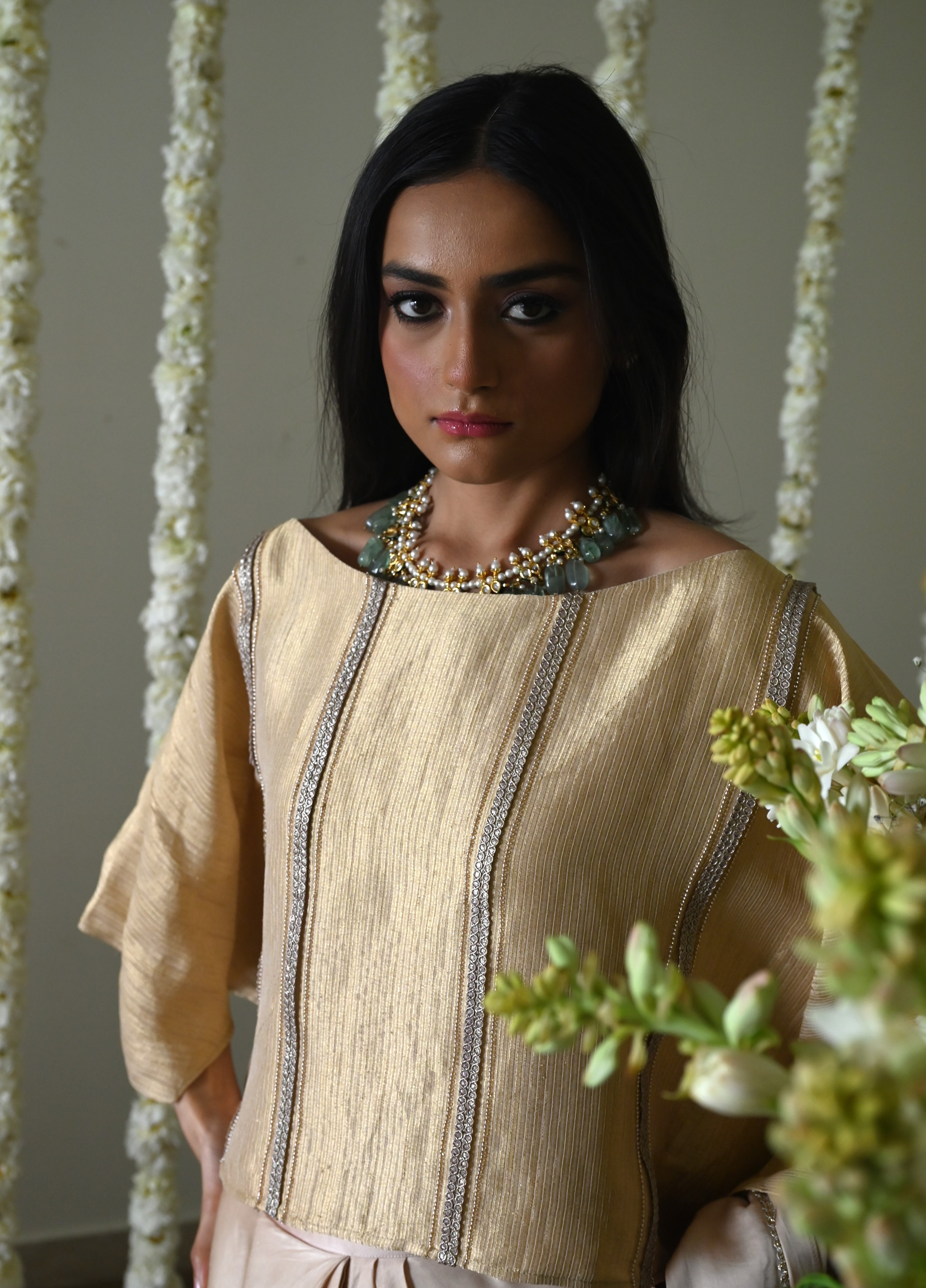 Desi Girl Ready to Wear Saree in Deep Ivory  Batwing Blouse