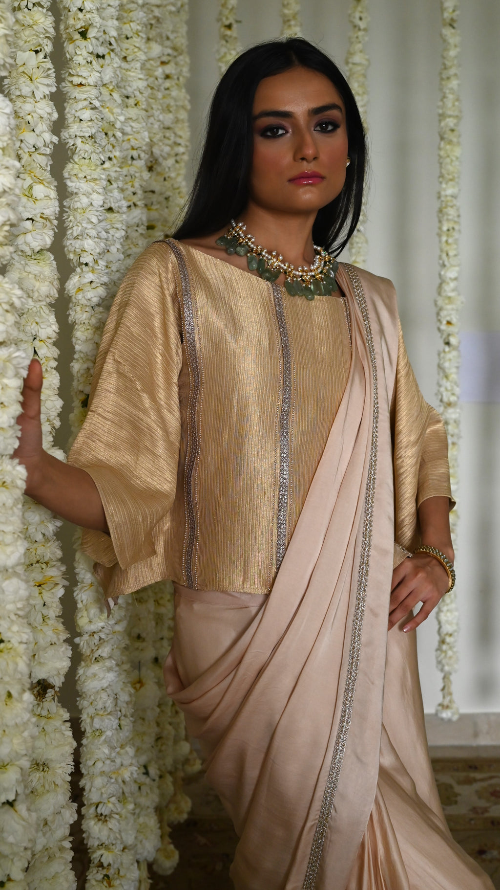 Desi Girl Ready to Wear Saree in Deep Ivory  Batwing Blouse