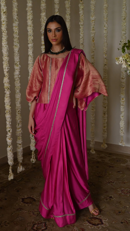 Desi Girl Ready to Wear Saree in Hot Pink Batwing Blouse.