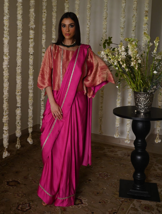 Desi Girl Ready to Wear Saree in Hot Pink  Batwing Blouse.