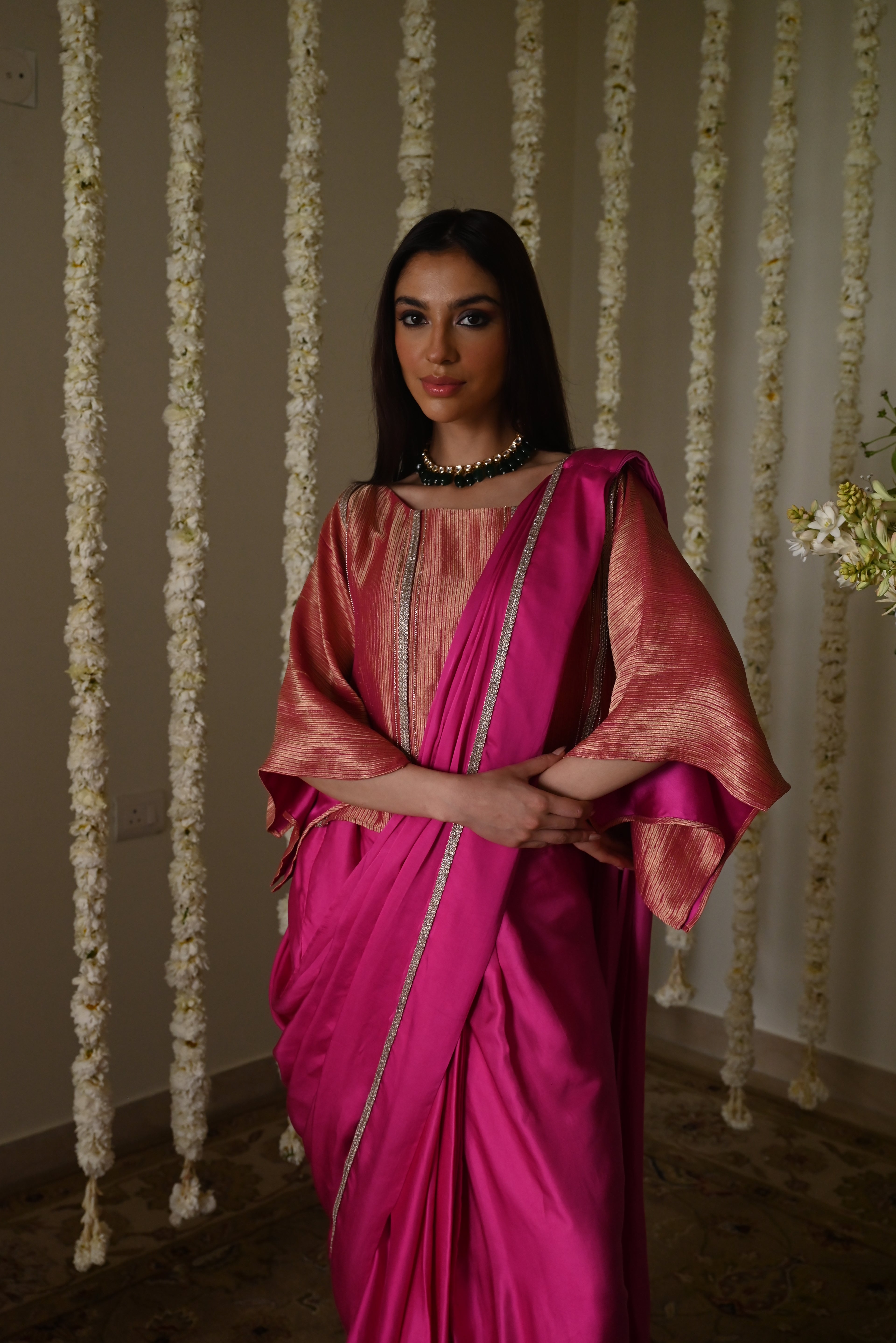 Desi Girl Ready to Wear Saree in Hot Pink  Batwing Blouse